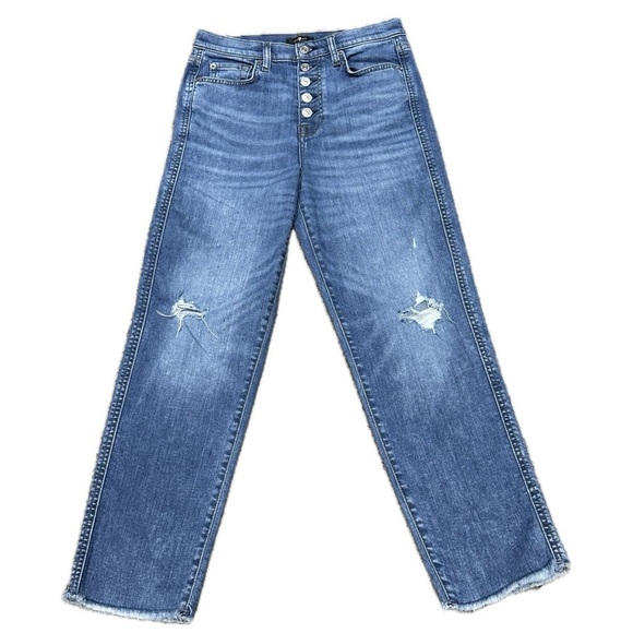 👖🎵 7 FOR ALL MANKIND High Waist Cropped Straight Jeans‎ | Size 28 | Distressed - Picture 1 of 6